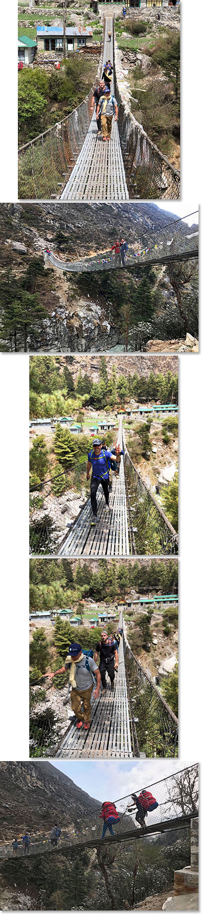 Team crossing a suspension bridge