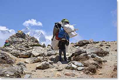 We saw porters carrying huge loads down from Everest Base Camp