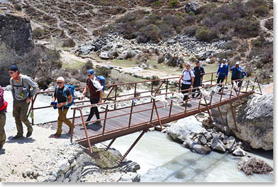 Crossing the bridge below Thukla, 15,100ft above sea level