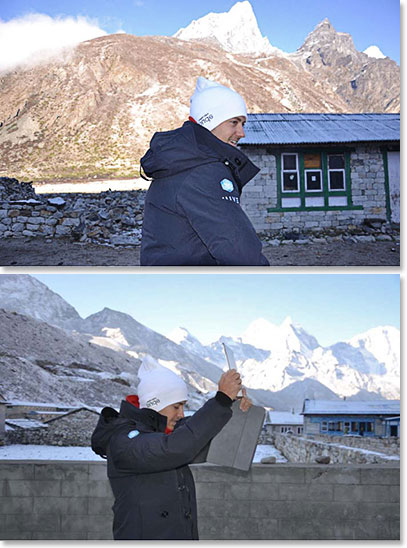 Brian Paes-Braga trying to get a signal in Pheriche