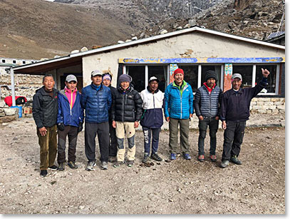 We left Lobuche at 6:50am and we were in Gorak Shep two hours later. Good timing to make all the way to Everest Base Camp. Picture of Berg Adventures staff at Lobuche