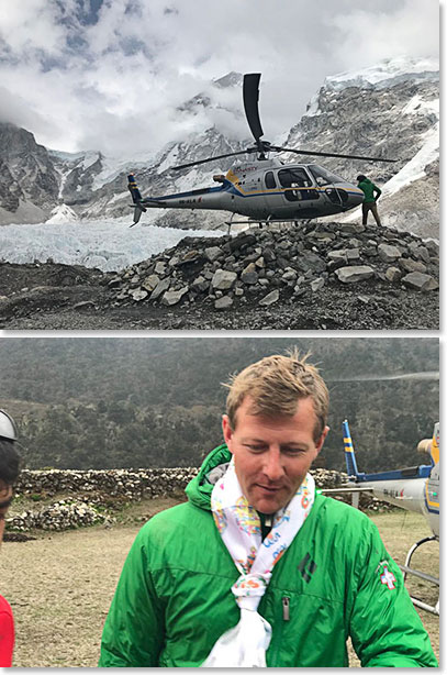 Andrew, our pilot, was waiting for news from us from Lukla. When he heard that we had arrived at BC he flew up to meet us. Then we began doing shuttles to take a look at the icefall then fly down to Temba and Yangzing’s lodge in Pangboche