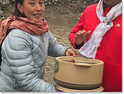 Yangzing met the helicopter in Pangboche when it landed. She served hot soup and tea to everyone. We came down from base camp to Pangboche in three shuttles.