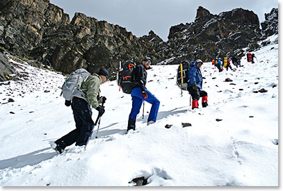 Climbing in deep snow to Nido de Condor high camp