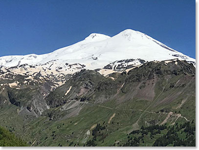 The twin summits of Elbrus from the lower Cheget ski lift this morning
