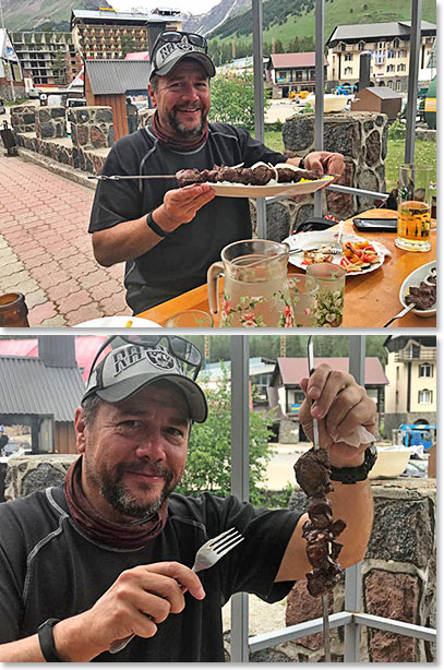 Joe enjoying shashlik-lamb-barbecue at Cheget