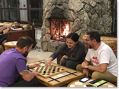 Checkers game with Neurjhan at our lodge