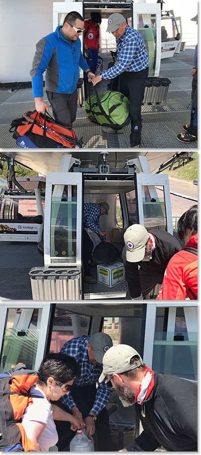 Loading our water, food and supplies for the coming days into the chairlifts