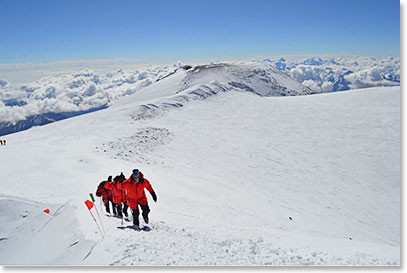 Climbing up Elbrus with good pace. Team made it to the summit in four hours from the snowcat drop off