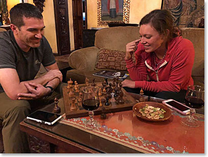 Kale and Gabby playing chess at the Hacienda
