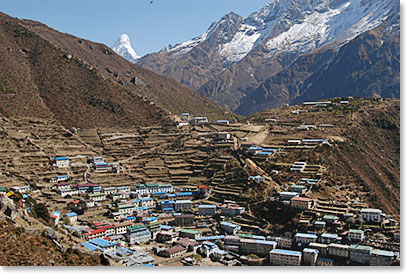 Namche Bazaar and view of Ama Dablam on the background