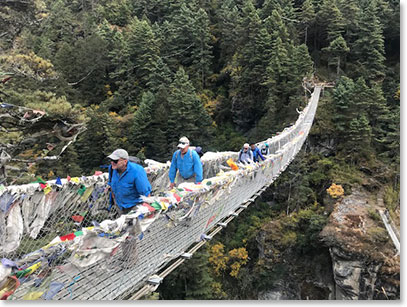 Crossing the suspension bridge to Namche Bazaar