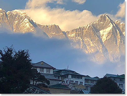 Everest and Lhotse from Ang Temba and Yangzee’s lodge in Pangboche