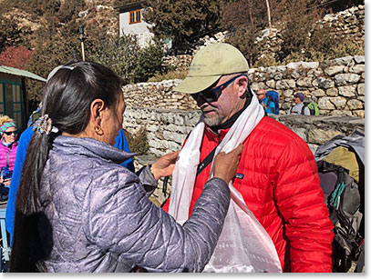 Yangzee blessed each team member with a Khata scarf before we left Pangboche this morning