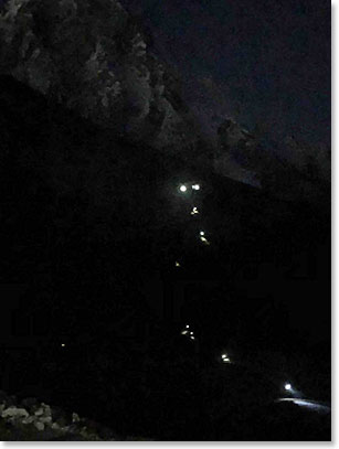 Team descending Kala Patar with head lamp