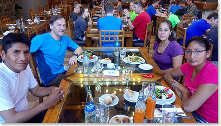 At Hotel Aleyen we enjoyed our meals together in a restaurant that full of other climbers.  Osvi got this photo of Sergio and Maria with John and Kara at dinner.
