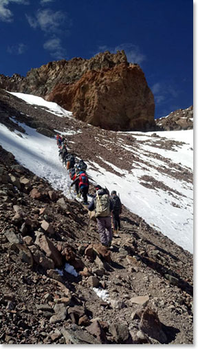 The weather was good and a lot of climbers went for the summit today. Here they are approaching “The Candaleta” a resting point about 1 ½ hour from the top.