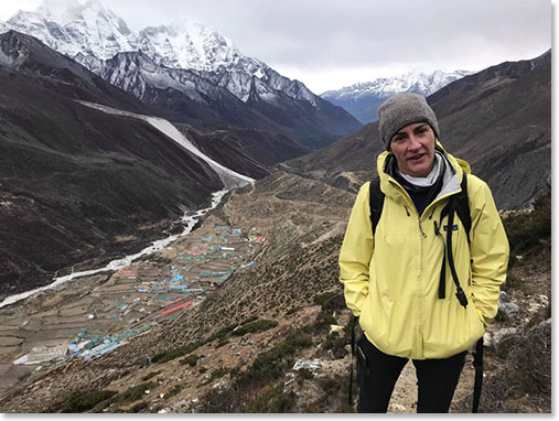 Adriana high above the village of Dingboche