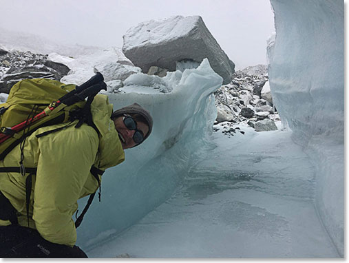 Adriana checks out the ice at Everest Base Camp 