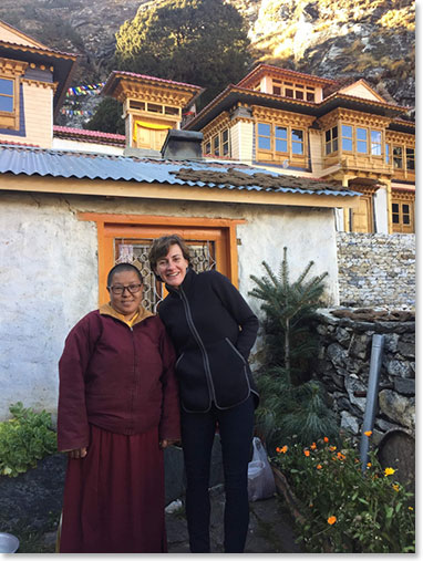 Friends along the trail.  Adriana and a nun who she met at the Tengboche Monastery